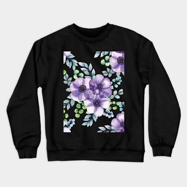 Purple Anemone translucent flowers bouquet. Spring transparent flowers and leaves composition. Elegant blooming floral arrangement Crewneck Sweatshirt by likapix